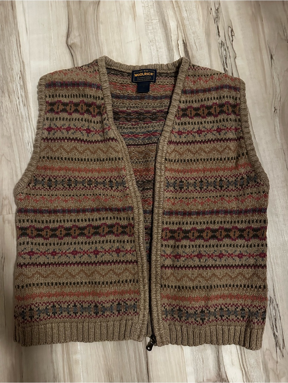 Woolrich Tan Fair Isle Zip-Up Wool Vest with Multicolor Stripes